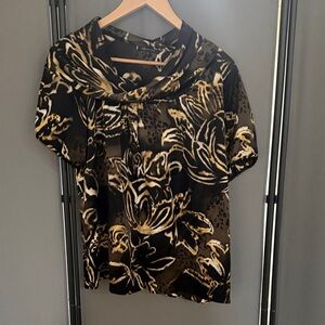 ANNE KLEIN Black and Brown Floral Satin Cowl-Neck Blouse